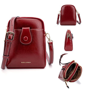 Faux PU Leather Oil Wax Look Crossbody Phone Bag Handbag Double Zip Red