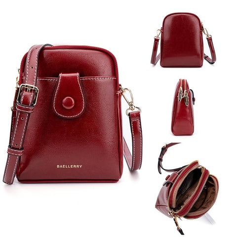 Faux PU Leather Oil Wax Look Crossbody Phone Bag Handbag Double Zip Red