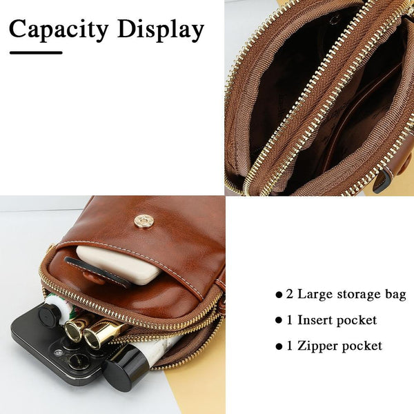 Faux PU Leather Oil Wax Look Crossbody Phone Bag Handbag Double Zip Red