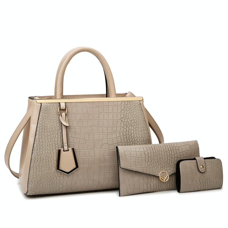 3 Pce Faux Crocodile PU Leather Shoulder Clutch Bag Card Holder Handbag Khaki