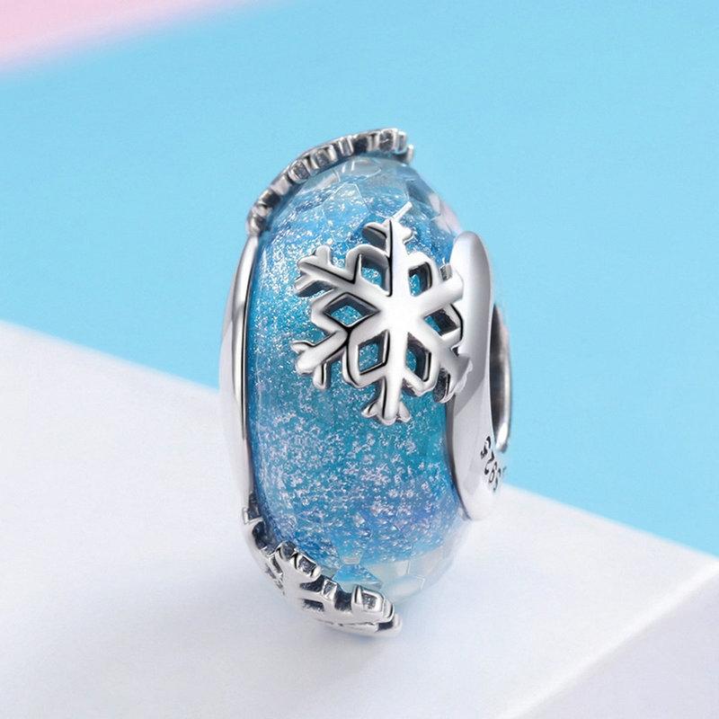 Snowflake Light Blue Glass Sterling Silver Spacer Bead Charm Bracelet Necklace