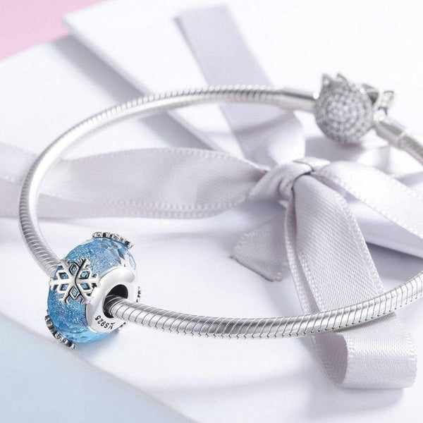 Snowflake Light Blue Glass Sterling Silver Spacer Bead Charm Bracelet Necklace