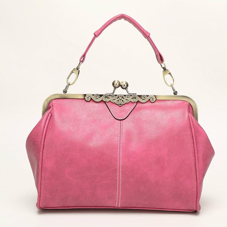 Faux PU Leather Crossbody Shoulder Bag Metal Trim Kiss Clasp Rose Pink