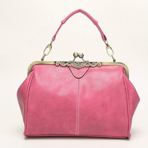 Faux PU Leather Crossbody Shoulder Bag Metal Trim Kiss Clasp Rose Pink