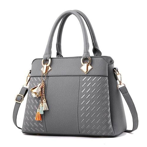Embroidered Faux PU Leather Shoulder Crossbody Bag Tassel Charm Grey