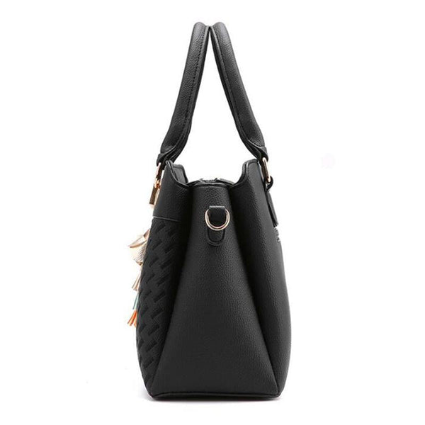 Embroidered Faux PU Leather Shoulder Crossbody Bag Tassel Charm Grey