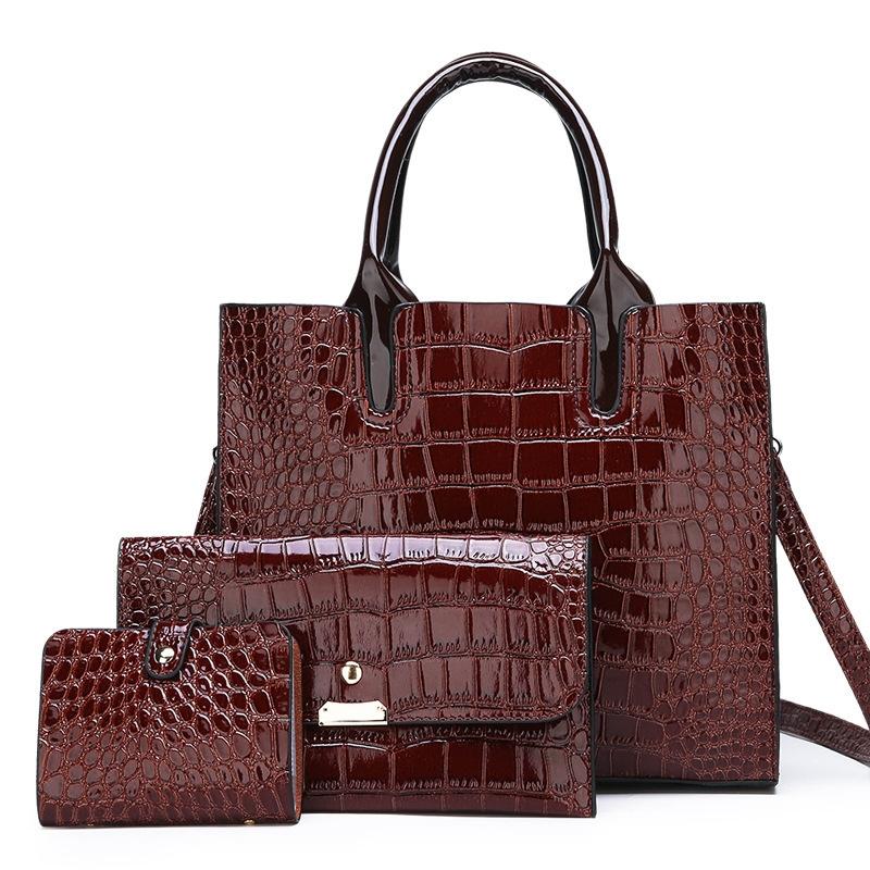 3 Pce Faux Patent Crocodile PU Leather Tote Shoulder Clutch Bag Card Holder Brown