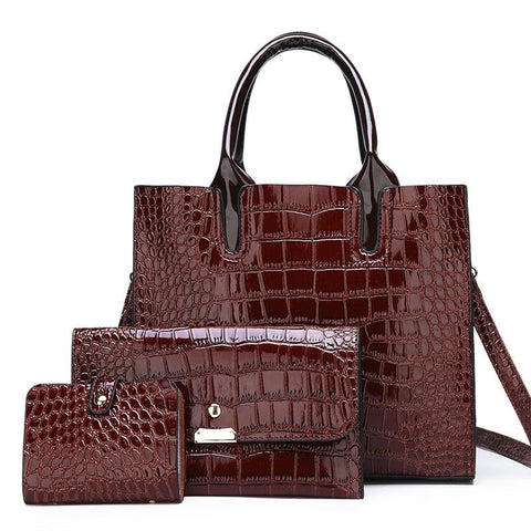 3 Pce Faux Patent Crocodile PU Leather Tote Shoulder Clutch Bag Card Holder Brown