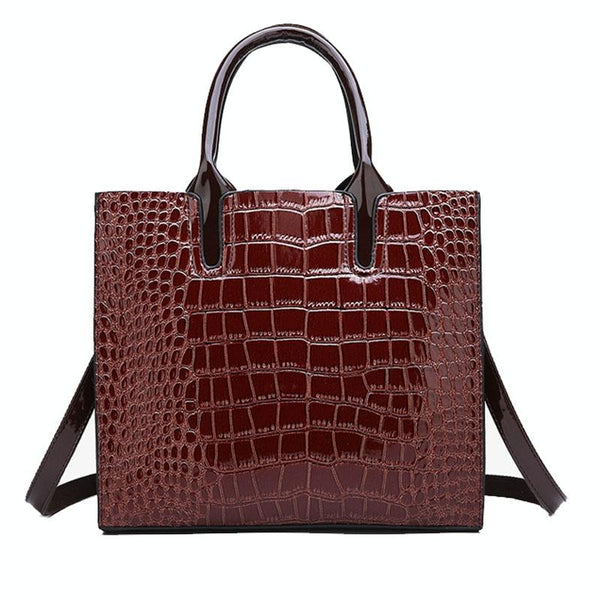 3 Pce Faux Patent Crocodile PU Leather Tote Shoulder Clutch Bag Card Holder Brown