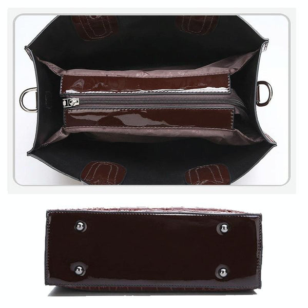 3 Pce Faux Patent Crocodile PU Leather Tote Shoulder Clutch Bag Card Holder Brown