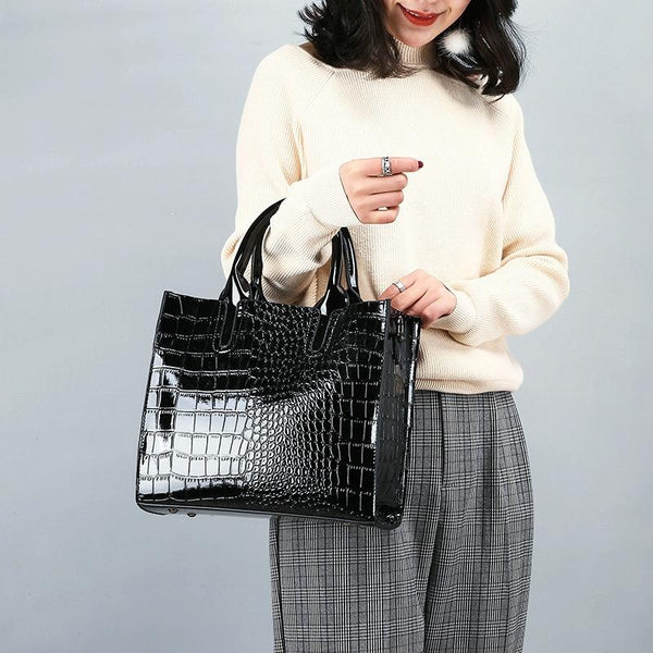 3 Pce Faux Patent Crocodile PU Leather Tote Shoulder Clutch Bag Card Holder Brown