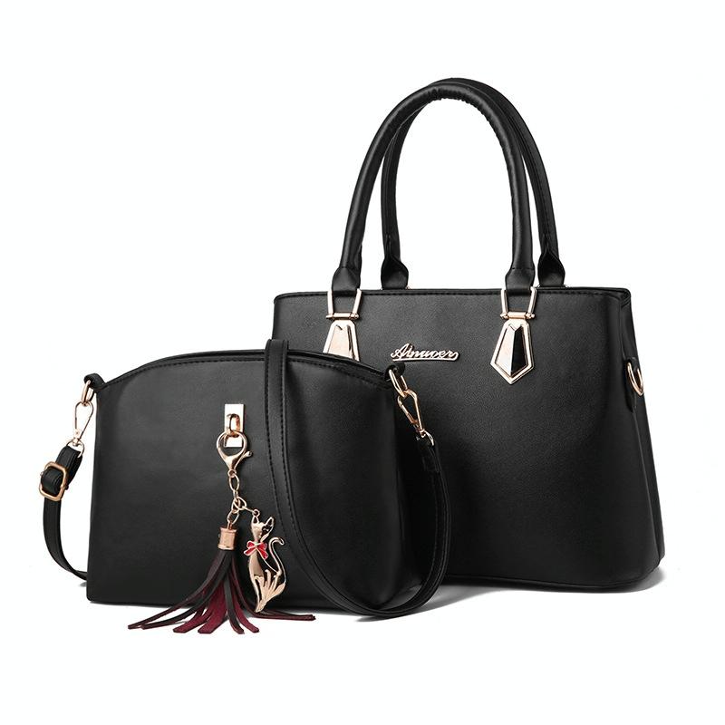 2 Pce Faux PU Leather Tote Crossbody Shoulder Bag Handbag Tassel Charm Black