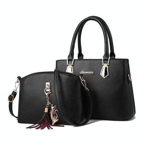 2 Pce Faux PU Leather Tote Crossbody Shoulder Bag Handbag Tassel Charm Black