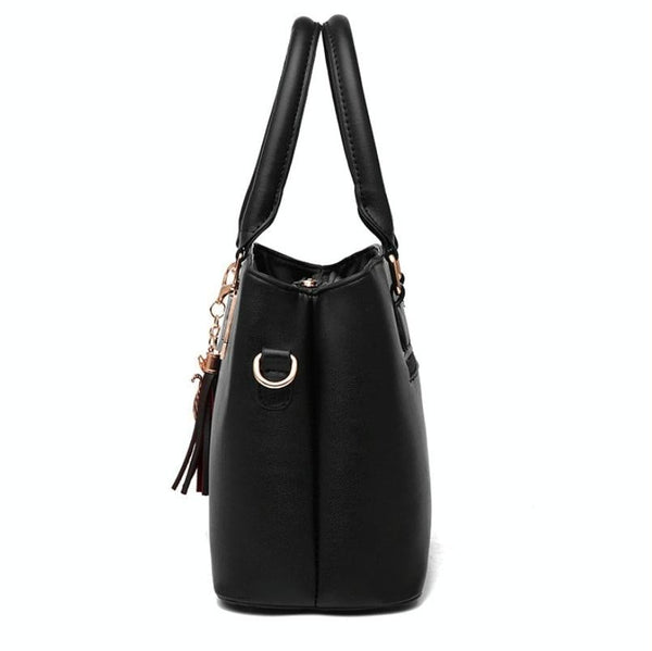 2 Pce Faux PU Leather Tote Crossbody Shoulder Bag Handbag Tassel Charm Black