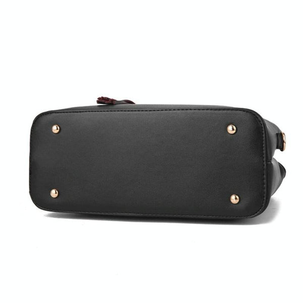 2 Pce Faux PU Leather Tote Crossbody Shoulder Bag Handbag Tassel Charm Black