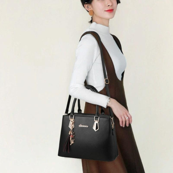 2 Pce Faux PU Leather Tote Crossbody Shoulder Bag Handbag Tassel Charm Black