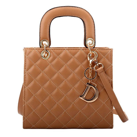 Classic Look Quilted Faux PU Leather Shoulder Bag Handbag Gold Trim Brown