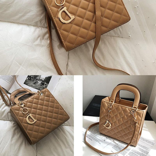 Classic Look Quilted Faux PU Leather Shoulder Bag Handbag Gold Trim Brown