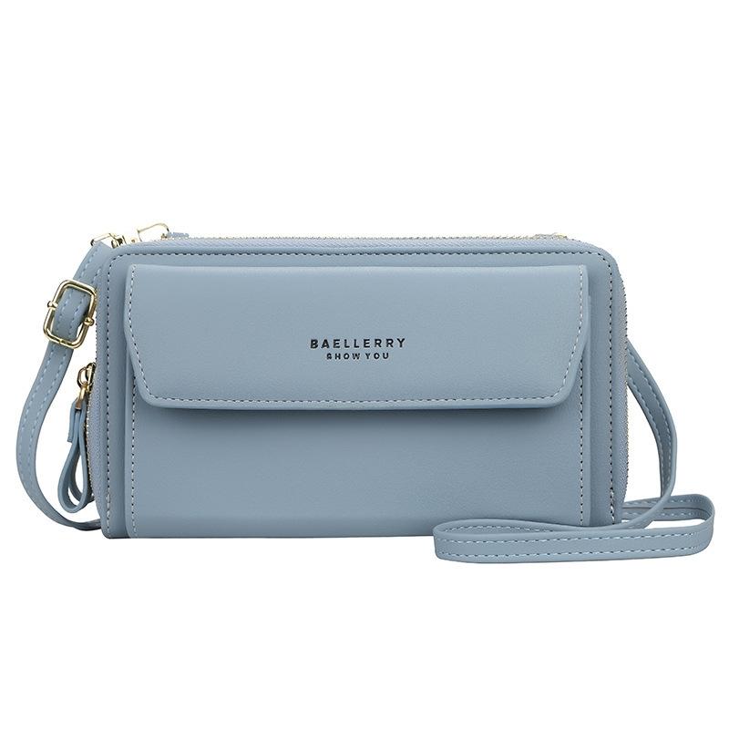 Faux PU Leather Shoulder Bag Handbag Wallet Fold Double Zip Blue