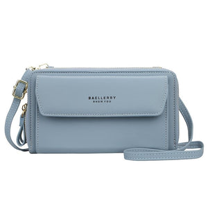 Faux PU Leather Shoulder Bag Handbag Wallet Fold Double Zip Blue