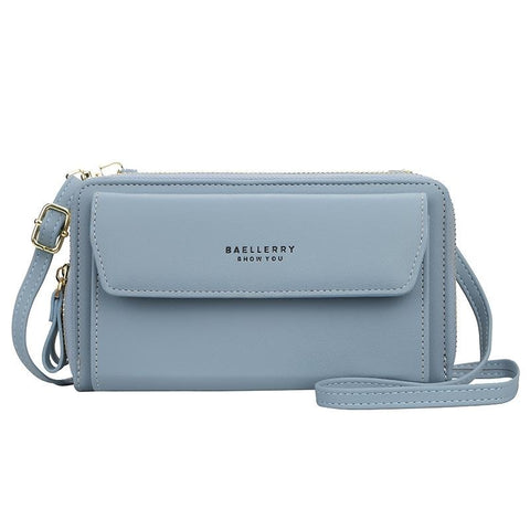 Faux PU Leather Shoulder Bag Handbag Wallet Fold Double Zip Blue