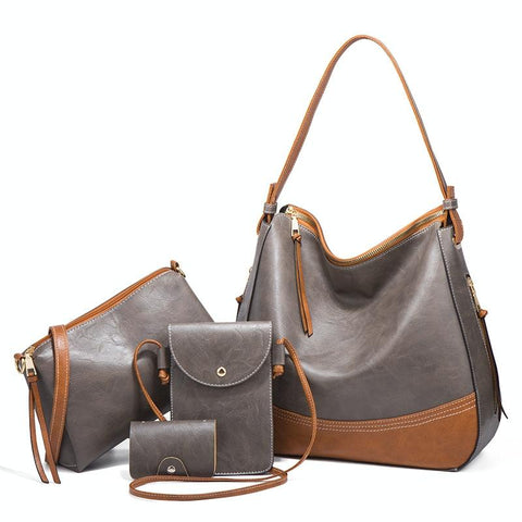 4 Pce Dual Colour Faux PU Leather Tote Shoulder Crossbody Phone Card Bag Dark Grey