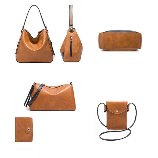 4 Pce Dual Colour Faux PU Leather Tote Shoulder Crossbody Phone Card Bag Dark Grey