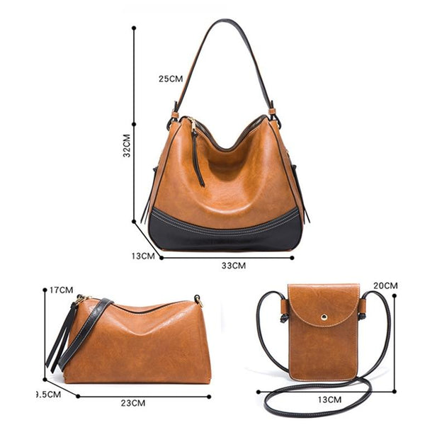 4 Pce Dual Colour Faux PU Leather Tote Shoulder Crossbody Phone Card Bag Dark Grey