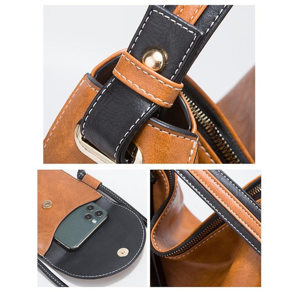 4 Pce Dual Colour Faux PU Leather Tote Shoulder Crossbody Phone Card Bag Dark Grey
