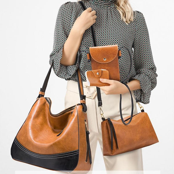 4 Pce Dual Colour Faux PU Leather Tote Shoulder Crossbody Phone Card Bag Dark Grey
