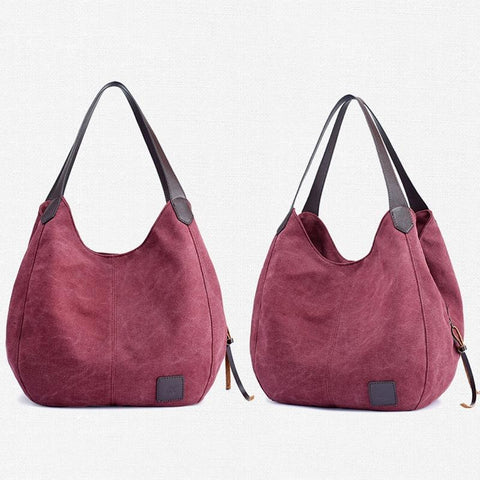 1 x Womens Casual Canvas Bucket Tote Shoulder Bag Multi Pocket Purple