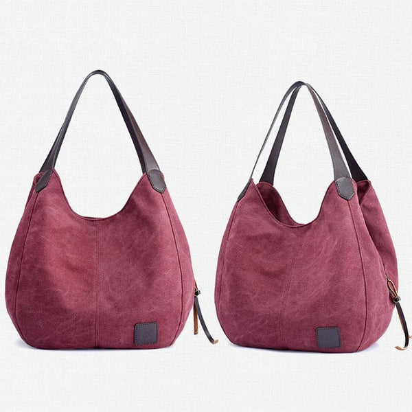 1 x Womens Casual Canvas Bucket Tote Shoulder Bag Multi Pocket Purple