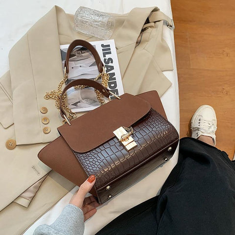 Frosted Crocodile Wing Shape Faux PU Leather Crossbody Bag Handbag Chain Coffee