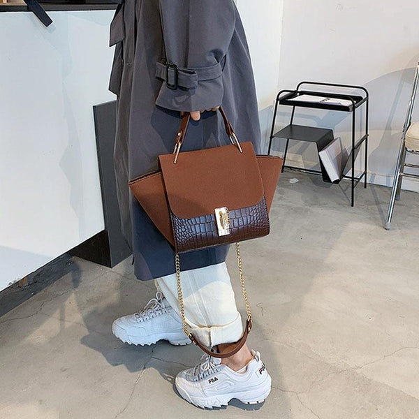 Frosted Crocodile Wing Shape Faux PU Leather Crossbody Bag Handbag Chain Coffee