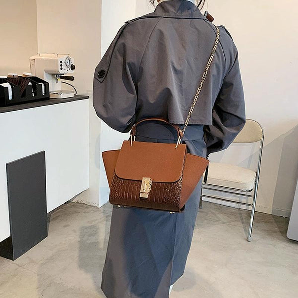 Frosted Crocodile Wing Shape Faux PU Leather Crossbody Bag Handbag Chain Coffee