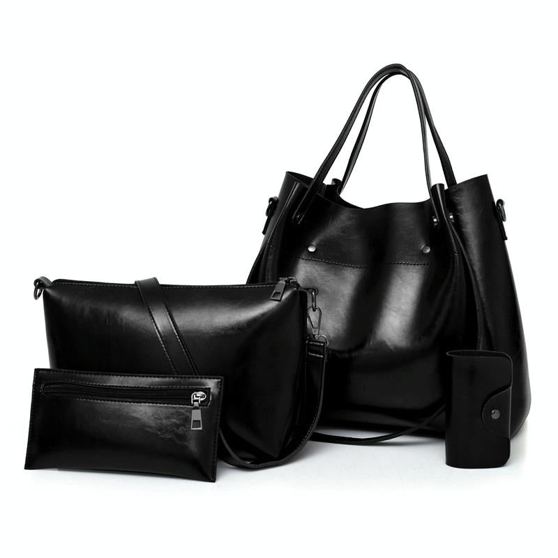 4 Pce PU Leather Tote Shoulder Crossbody Clutch Bag Handbag Card Holder Black
