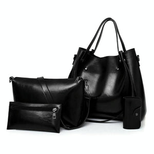 4 Pce PU Leather Tote Shoulder Crossbody Clutch Bag Handbag Card Holder Black