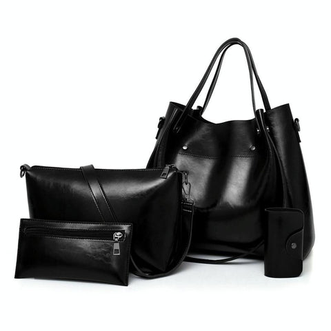 4 Pce PU Leather Tote Shoulder Crossbody Clutch Bag Handbag Card Holder Black