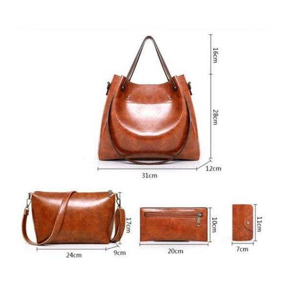 4 Pce PU Leather Tote Shoulder Crossbody Clutch Bag Handbag Card Holder Black