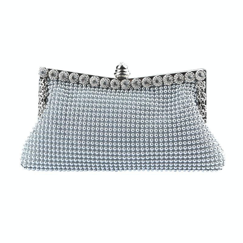 Satin Rhinestone Beaded Wedding Party Evening Clutch Handbag Bag Chain Silver