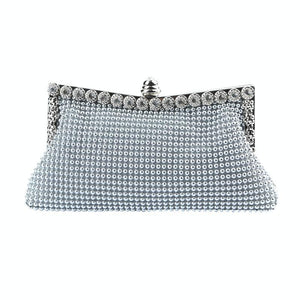 Satin Rhinestone Beaded Wedding Party Evening Clutch Handbag Bag Chain Silver