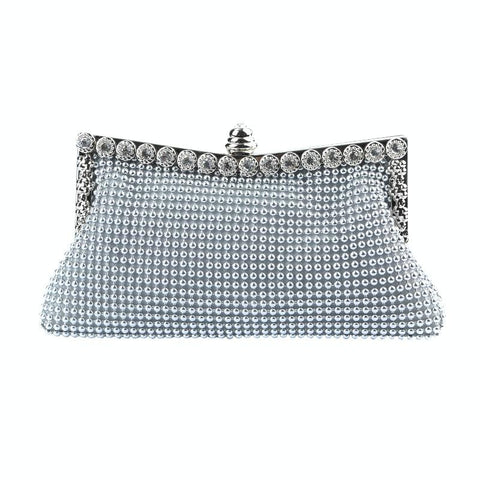 Satin Rhinestone Beaded Wedding Party Evening Clutch Handbag Bag Chain Silver