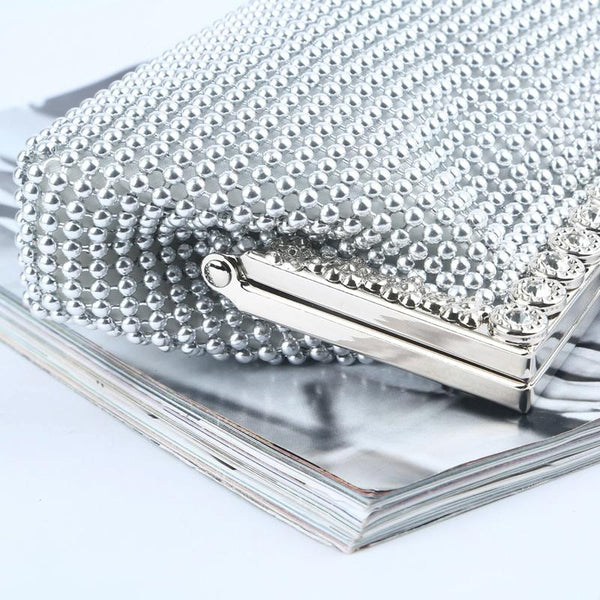 Satin Rhinestone Beaded Wedding Party Evening Clutch Handbag Bag Chain Silver