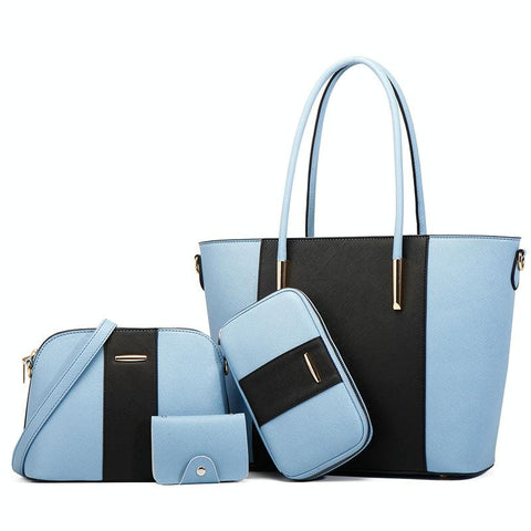 4 Pce Faux PU Leather Tote Shoulder Crossbody Clutch Bag Card Holder Blue Black