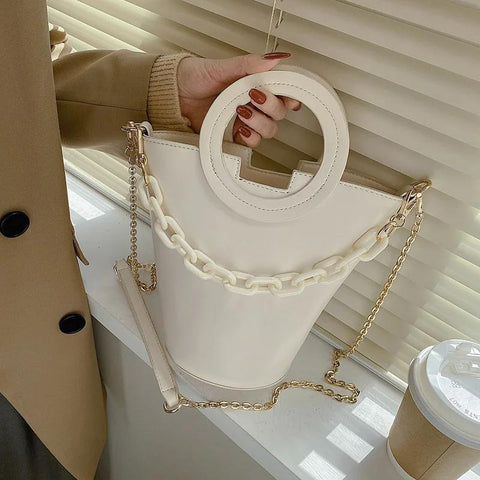 Faux PU Leather Bucket Crossbody Shoulder Bag Chain Feature Beige