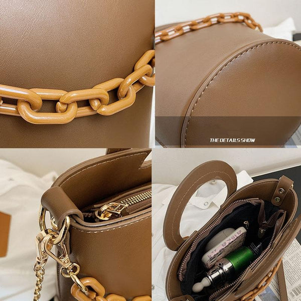 Faux PU Leather Bucket Crossbody Shoulder Bag Chain Feature Beige