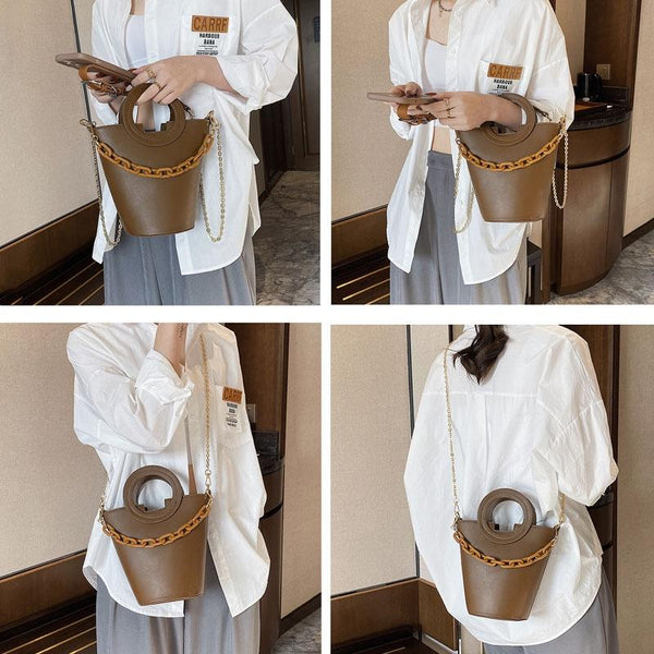 Faux PU Leather Bucket Crossbody Shoulder Bag Chain Feature Beige