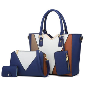 3 Pce Faux PU Leather V Top Diagonal Tote Shoulder Crossbody Bag Card Holder Navy