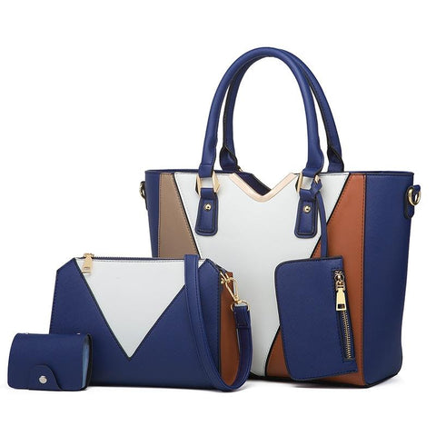 3 Pce Faux PU Leather V Top Diagonal Tote Shoulder Crossbody Bag Card Holder Navy