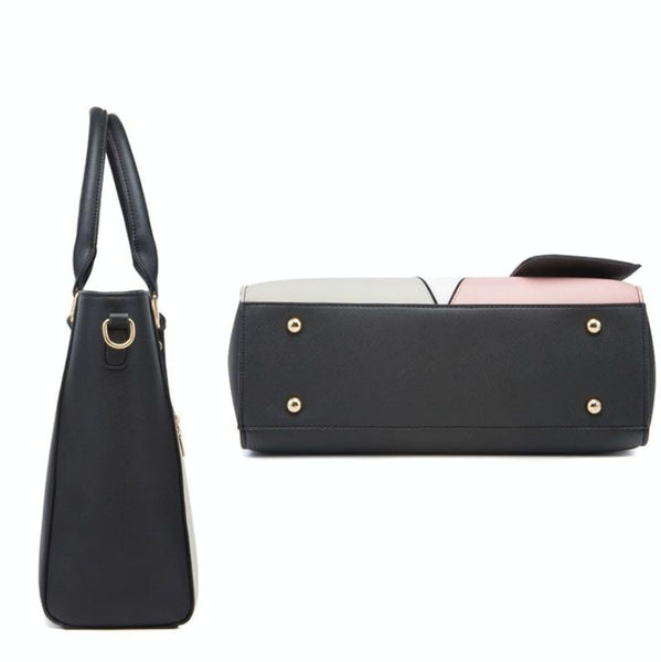3 Pce Faux PU Leather V Top Diagonal Tote Shoulder Crossbody Bag Card Holder Navy